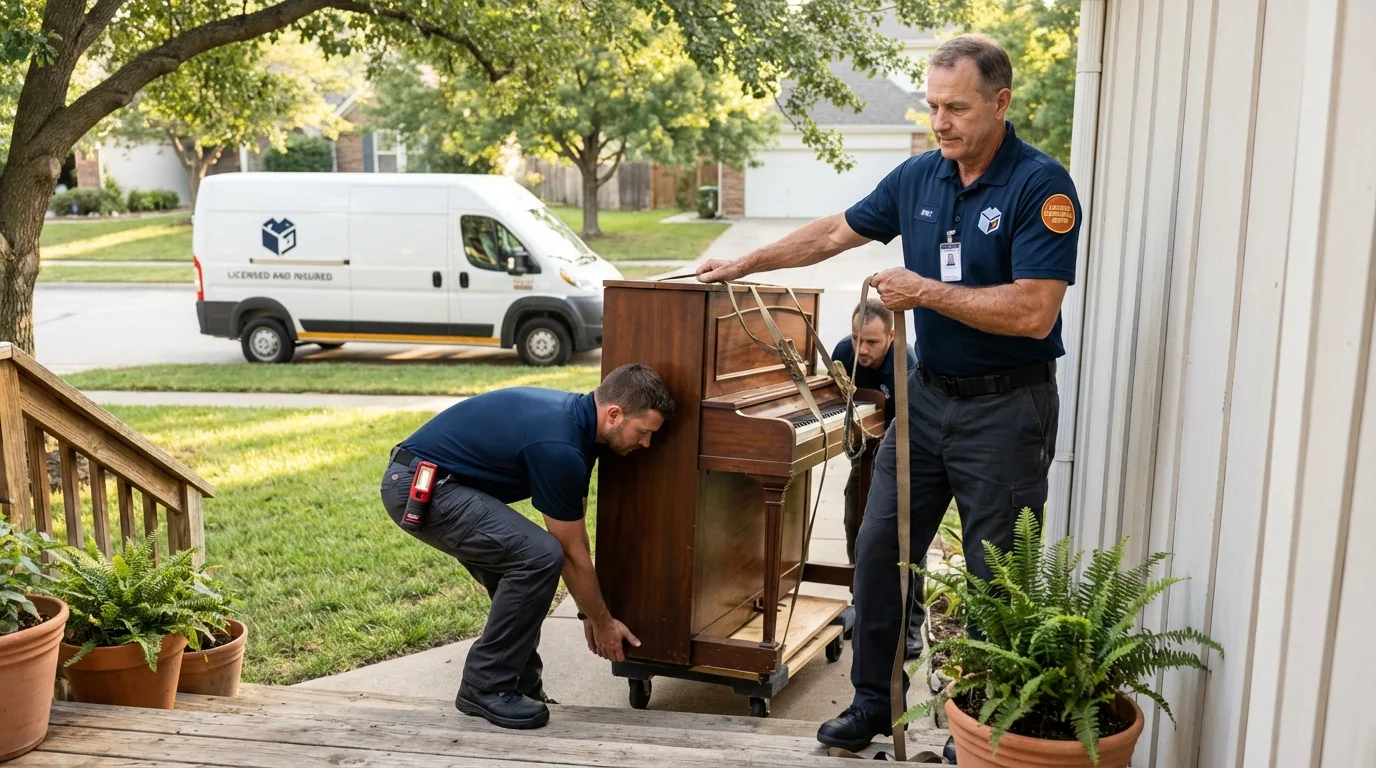 Licensed piano movers securing grand piano in Morgan City, LA