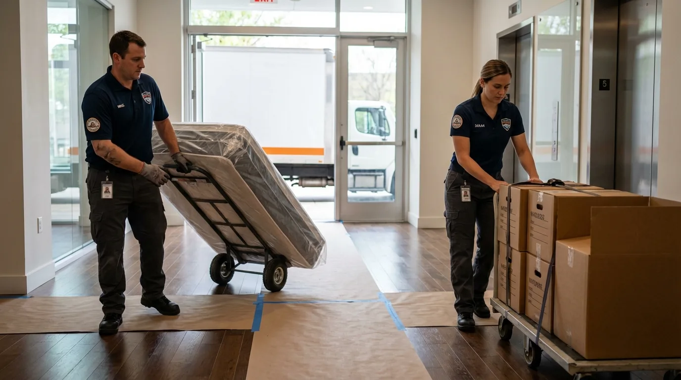 Professional apartment movers loading elevator in Morgan City, LA